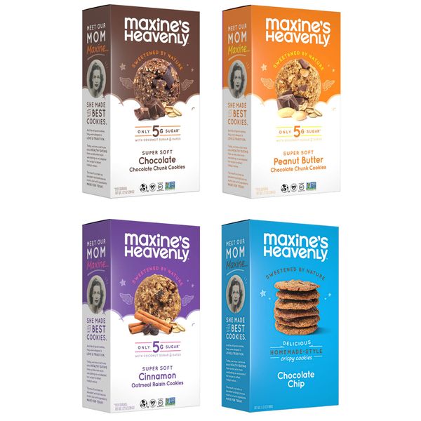 Maxine's Heavenly Cookie Variety Pack w/Chocolate Chip & Oatmeal Cookies | Healthy Gluten Free Cookies Sweetened with Coconut Sugar and Dates | Vegan, Dairy Free, Low Sugar | 7.2 Ounces Each (4 pack)