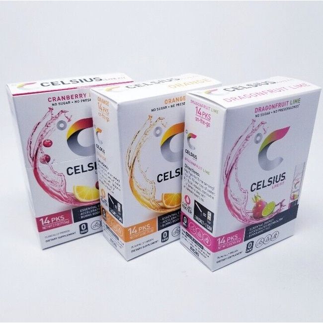 Celsius On-the-Go Powder Stick, Combo Pack of 3 Cranberry, Orange & Dragonfruit