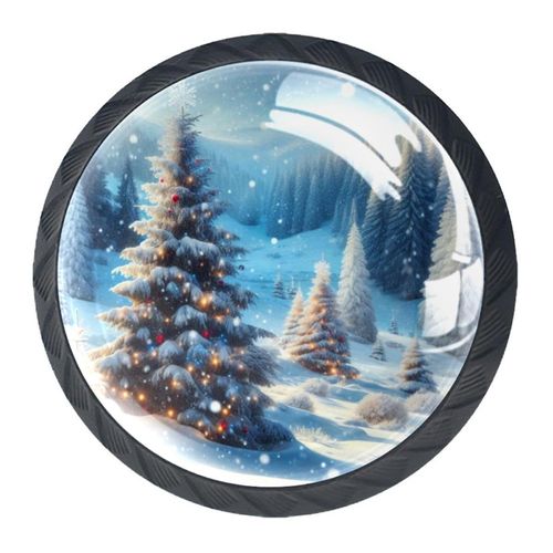 LRCCJS Christmas Winter Christmas Tree Forest 4Pcs Black Drawer Handles Clear Cabinet Handles ABS Glass Drawer Pulls with Screws Hardware for Bathroom, Kitchen and Furniture