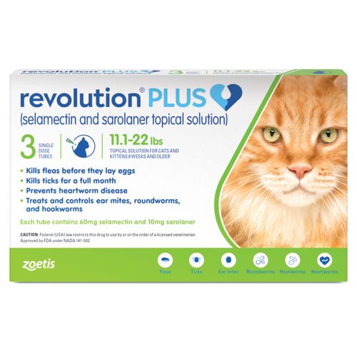 Revolution Plus (selamectin and sarolaner Topical Solution) for Cats, 11.1-22 lbs (Green), 3 Tubes