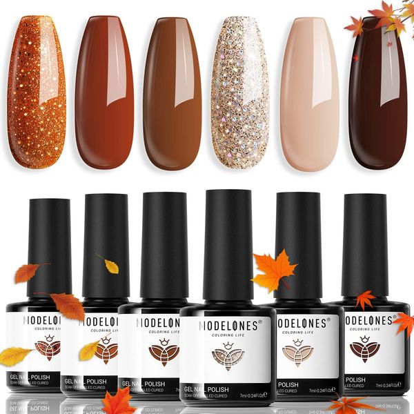 modelones Gel Nail Polish Set, 6 PCS Neutral Nude Brown Gel Polish Fall Colors 2024 Gold Glitter Nail Gel Polish Soak OFF LED Nail Art Gel Kit Manicure Salon DIY Halloween Nails Gift