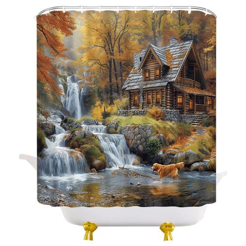 YOZSLGU Retro Rustic Lodge Cabin Shower Curtain Country Rustic Waterfall Fall Autumn Natural Landscape Fabric Bathroom Decor Curtains with Hooks, 70" Wx70 H