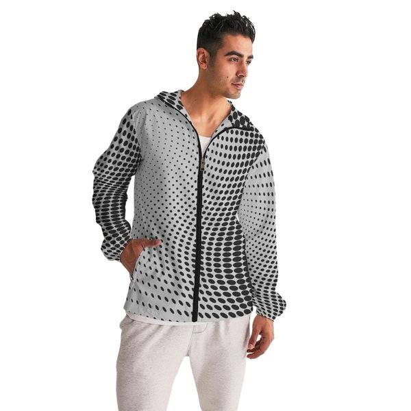 Mens Lightweight Windbreaker Jacket with Hood and Zipper Closure, Grey Dotted Illustration - Grey / M