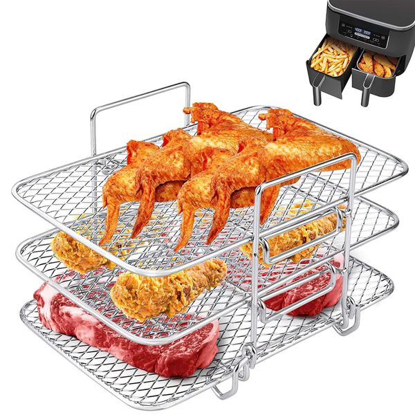 Air Fryer Rack Set for Dual Air Fryer, 3 Layers 304 Stainless Steel Rack Air Fryer Accessories Air Fryer Shelf Compatible with Most Air Fryer Microwave Ovens