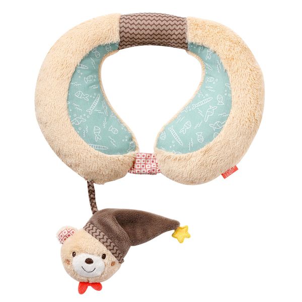 Fehn Bär Nackenkissen Nackenhörnchen - Ergonomische Kopfstütze mit niedlichem Bär Rassel Tier - sichere Kopfhalterung für Auto, Kinderwagen & Kindersitz - für Babys & Kleinkinder ab 6+ Monaten