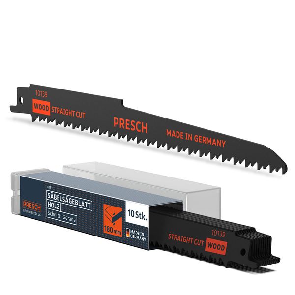 PRESCH Reciprocating Saw Blades Wood 210 mm Pack of 10, Cut 6–180 mm, Saw Blades Reciprocating Saw Blades for Wood PVC Pipes and Much More, Universal Shaft Reciprocating Saw Blades Set Including Box