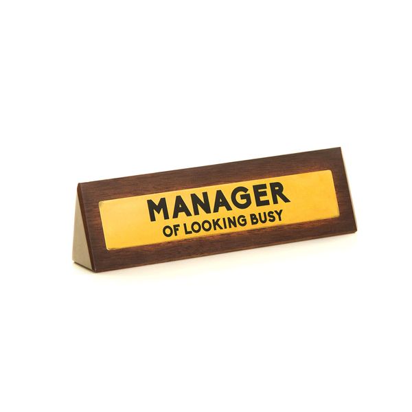 Boxer Gifts ‘Manager of Looking Busy’ Novelty Wooden Desk Warning Sign | Funny Office Humor Gift for Colleague Or Boss | 4.5cm x 17.5cm, Brown