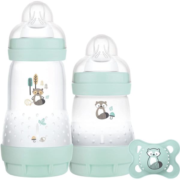 MAM Easy Start Colours of Nature Starter Self Sterilising Anti Colic Starter Set (Racoon), Non-Shiny Matt Finish Newborn Bottle Set and Soother, Newborn Essentials