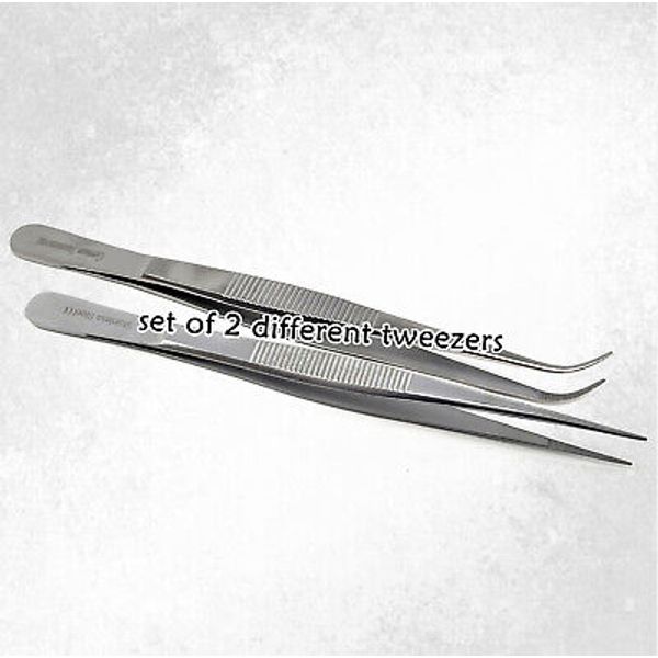 Microscopic Lab Tweezers Surgical Medical Forceps Straight + Curved 6" Long