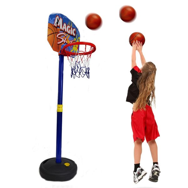 Sumac Shoot Hoops Anywhere Height Adjustable Kids Basketball Hoop (3.5ft-5.5ft) - Indoor & Outdoor Toddler/Youth Basketball Goal with Ball, Pump & Anti-Tip Base