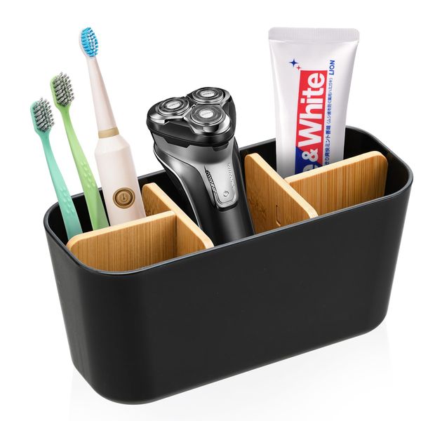 Bambus Trennwände Toothbrush Holder, Zahnbürstenhalter mit 4 Zahnbürstenfächer + 1 Zahnpastafach, Multifunktional Elektrische Zahnbürste Halterung, Badezimmer Organizer Geeignet für Büro Wohnzimmer