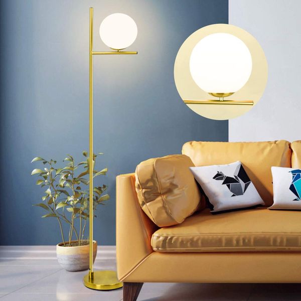 DLLT LED Frosted Glass Globe Floor Lamp-9W Standing Lamps for Modern, Mid Century Contemporary Rooms, Energy Saving Tall Pole Accent Lighting for Living Room, Bedroom, Office, Gold