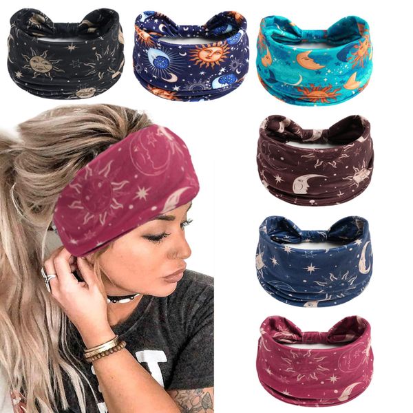 Mode-Stirnbänder für Frauen Haare Kopftücher Haarband Turban Blume Baumwolle Stirnbänder Breite Yoga Sport Stirnband Head Wrap (P6WSunMoon)