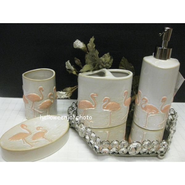 COASTAL COLLECTION FLAMINGO DISPENSER TUMBLER Soap DISH TOOTHBRUSH BATH 4 PC