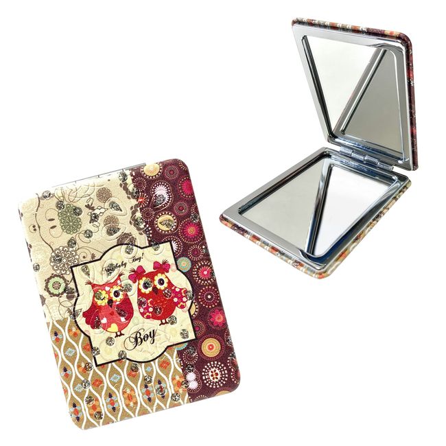 Happiness Owl Compact Mirror, Hand Mirror, Portable, Folding Mirror, Hand Mirror, Equal & 2x Magnification, Cute, Stylish, Owl (Design E)