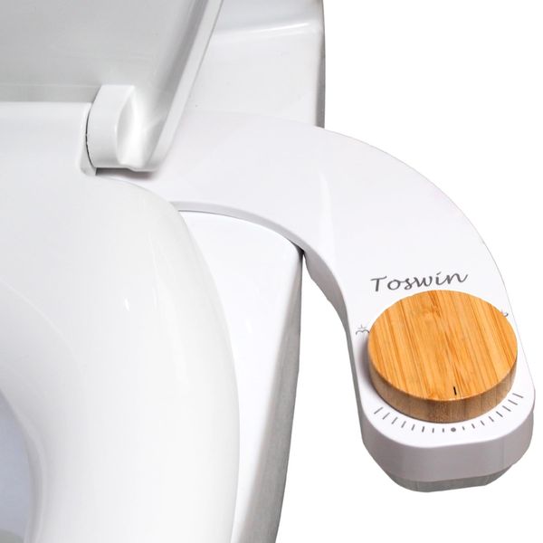 Toswin Left Hand Bidet Left Handed Bidet Ultra Slim Bidet Left Side Control Clear Rear Bidet Attachment for Toilet with Dual Front & Rear Nozzles and Adjustable Water Pressure -Bamboo Knob