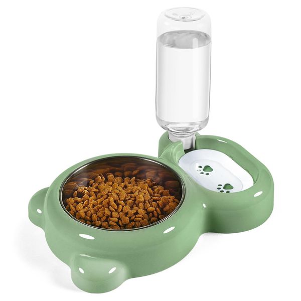 Azwraith Dog Bowls, Cat Food and Water Bowl Set with Water Dispenser and Stainless Steel Bowl for Cats and Small Dogs - Green