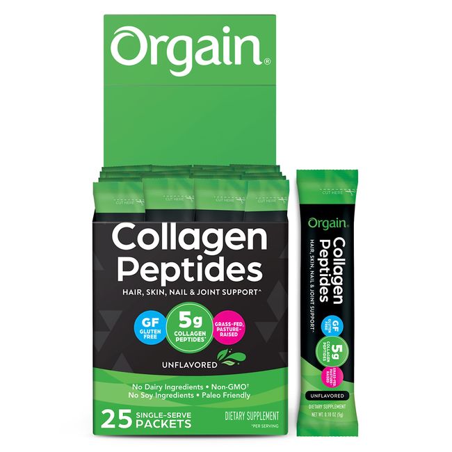 Orgain Hydrolyzed Collagen Powder, 5g Grass Fed Collagen Peptides, Unflavored - Hair, Skin, Nail, & Joint Support Supplement, Paleo & Keto, Type 1 and 3 Collagen - 0.18 Oz Travel Packets (Pack of 25)