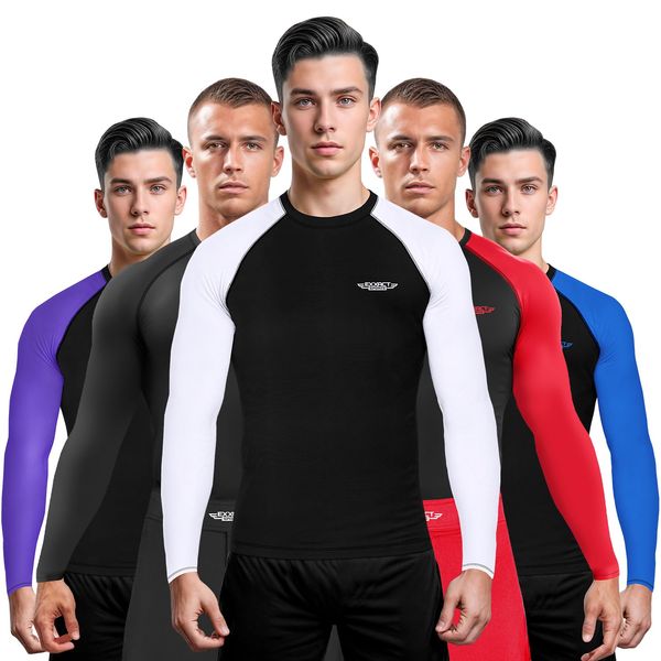 Exxact Sports Mens BJJ Rash Guard Jiu Jitsu Long Sleeve Plain, Ranked Compression No Gi Jiu Jitsu Rash Guard Men for MMA, Wrestling - (Black/White, AXL)