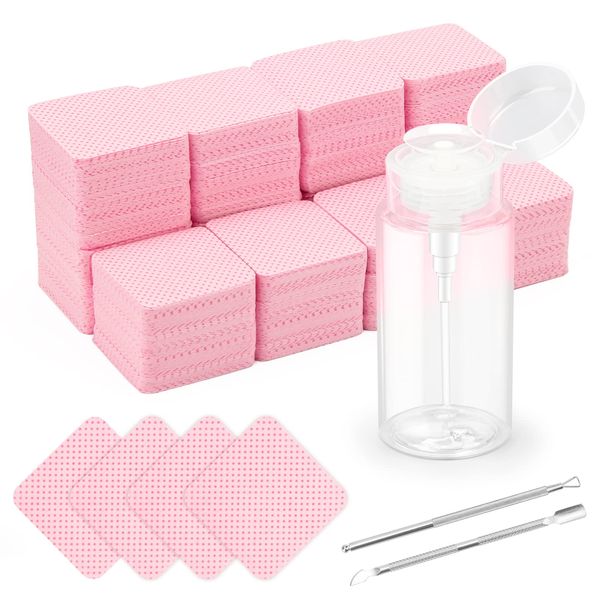 1080 + 3 Pcs Lint Free Nail Wipes Kit, Disposable Nail Polish Remover Pads Non-Woven Nails Eyelash Extensions Wipes, Nail Polish Remover Wipes with 200 ML Bottle, 2 Pcs Cuticle Pusher (Pink)