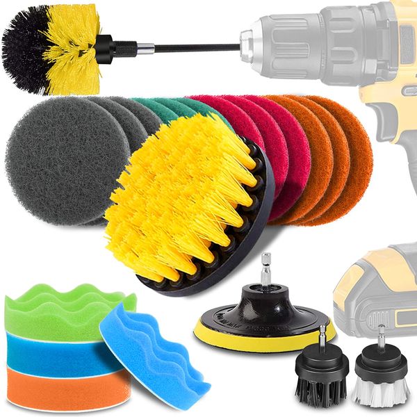 GOH DODD 23 Piece Electric Drill Brush Set with Polisher Buffing and Scouring Pad for Kitchen, Bathroom, Bath Cleaning, Car Wash Brush, Hex Shaft Electric Screwdriver