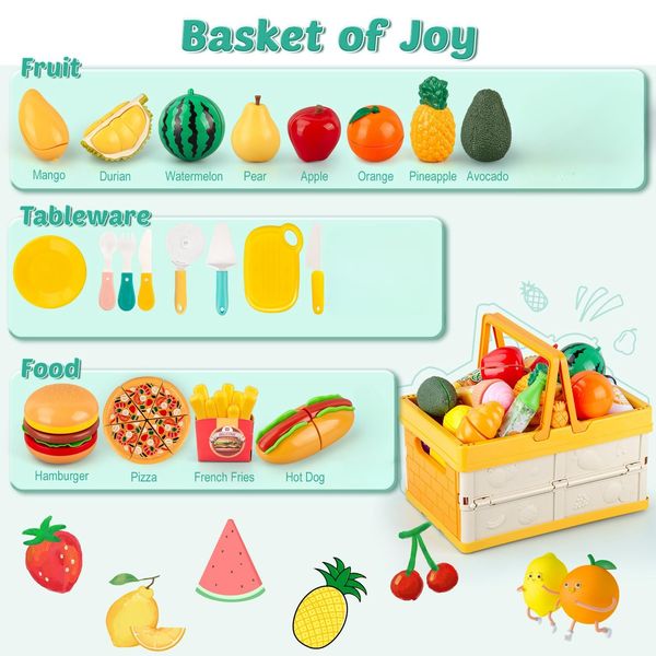 LilKisThk Play Food Sets for Kids Kitchen, Picnic Basket Toy Food Cutting Set with Cutlery and Blanket, Toddler Play Kitchen Accessories with Fruits, Juice, Fake Food with Pizza Toys for Boys Girls