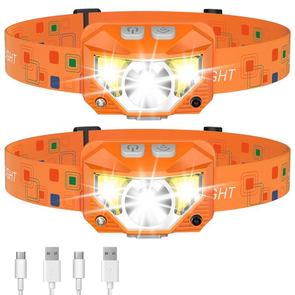 LHKNL Headlamp Flashlight,1200 Lumen Ultra-Light Bright LED Rechargeable Headlight with White Red Light,2-Pack Waterproof Motion Sensor Head Lamp,8 Mode for Outdoor Camping Running Fishing- Orange