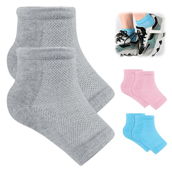 Gel Heel Socks, 3 Pairs Soft Moisturizing Socks Ventilate Open Toe Socks Cotton Silicone Foot Exfoliating Sock for Dry Hard Cracked Skin Moisturizing Day Night Care Skin (Gray Blue Pink)