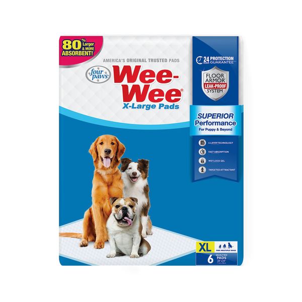 Four Paws Wee-Wee Superior Performance X-Large Dog Pee Pads - Dog & Puppy Pads for Potty Training - Dog Housebreaking & Puppy Supplies - 28" x 34" (6 Count)