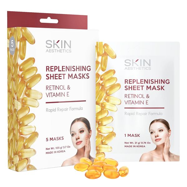 Skin Aesthetics Retinol & Vitamin E Sheet Face Mask - Repairs Damaged Skin, Diminishes Fine Lines & Wrinkles, Anti-aging Sheet Mask - Cruelty Free Korean Skin Care For All Skin Types - 5 Masks