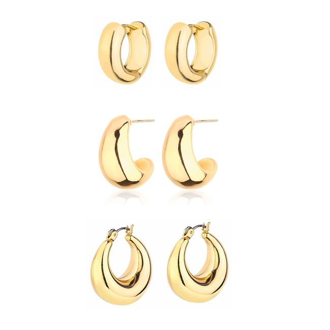 Gold Chunky Hoop Earrings Set for Women, 14K Gold Plated Twisted Huggie Hoop Earring Hypoallergenic, Thick Open Hoops Set Lightweight (3 gold hoop chunky)