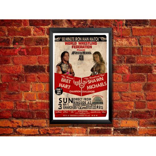 Bret Hart Vs. Shawn Michaels Wrestlemania 12 60 Minute Iron Man Match Vintage Poster. Hitman Vs Heart Break Kid