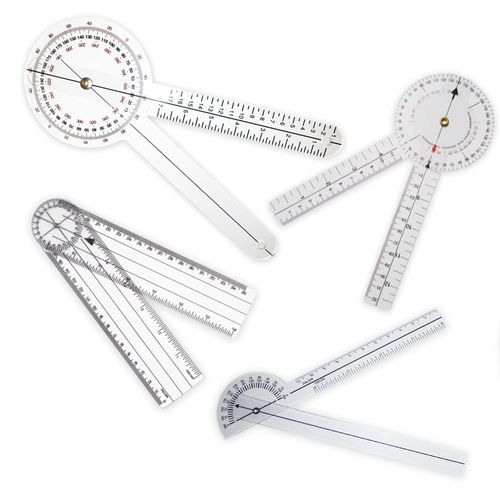Rehabilitation Advantage Goniometer Set - 12” & 8” 360-Degree, 8” Spinal, 6.75'' Finger,Clear