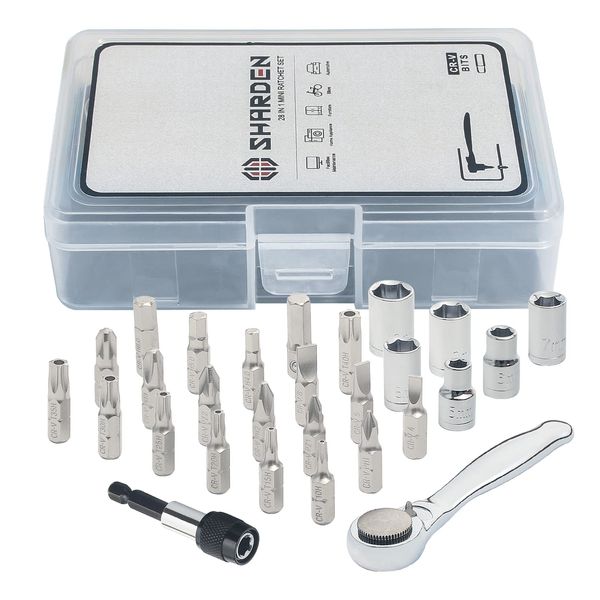 SHARDEN 28pcs 1/4 Ratchet Set Right Angle Screwdriver Mini Socket Set, 72 Tooth Small Ratchet Wrench Offset Ratchet Screwdriver, 1/4 Socket and Bit Set - Torx, Phillips, Flat Head, Pozidrive, Hex