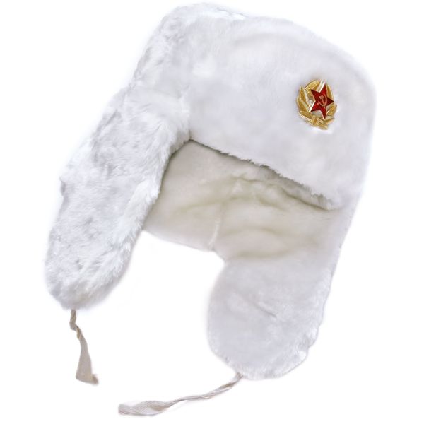 Authentic Russian Winter Hat Ushanka White-64, with Russian Eagle Insignia