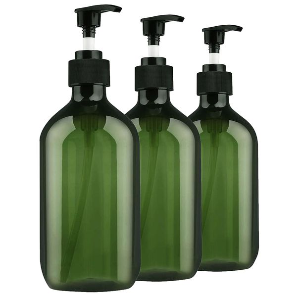 3 Pack Green Pump Bottle Dispenser, Empty Plastic Refillable Lotion Soap Shampoo Dispenser Containers with Pump, Show Soap Dispenser Bottles, BPA/Paraben Free, 500ml/16.9oz…