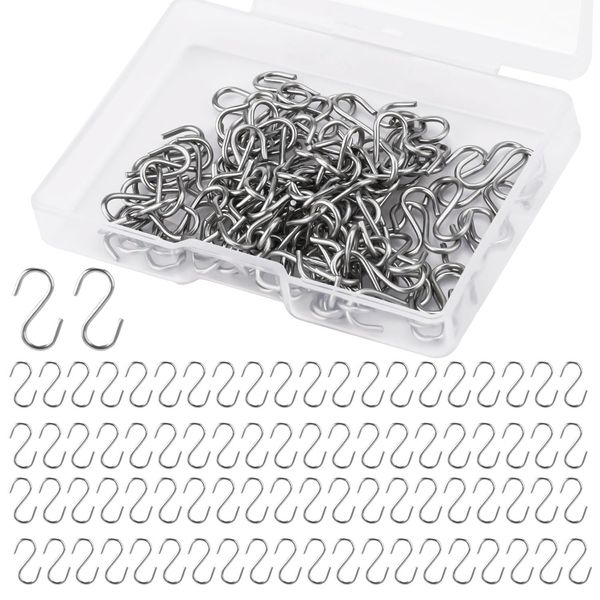 NQEUEPN 100pcs Small S Hooks for Hanging, Mini S Shaped Hook Stainless Steel S Shaped Hooks with Storage Box S Ornament Hooks for DIY Crafts Jewelry Key Chain Tags (Silver)