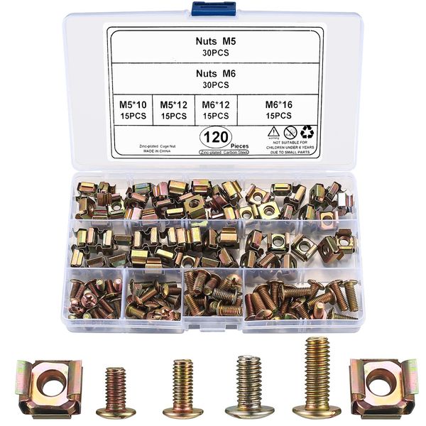 120 Pcs Cage Nut Mounting Hardware Kit, Cage Nut & Screw Set for Networking Cabinets, Rack Bolts & Cage Nuts for Patch Panel Racks, Server Enclosures 19" & 10" Cabinet Network Mounting Screws