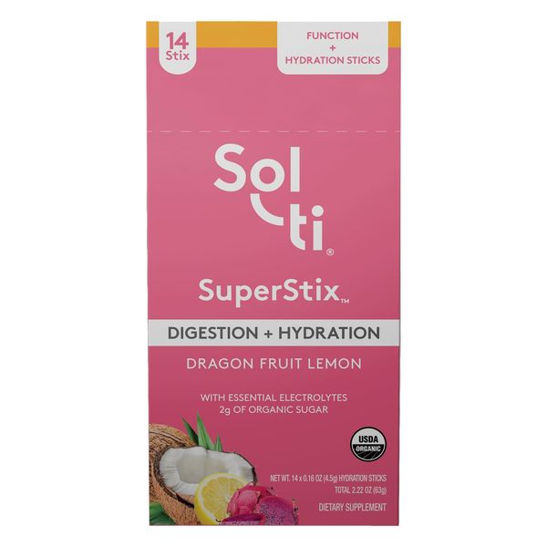 Sol-ti Organic Electrolyte Digestion + Hydration Drink Mix, Superfood Hydration Sticks, SuperStix, Non-GMO, Vegan, Dragon Fruit Lemon, 14 Sticks