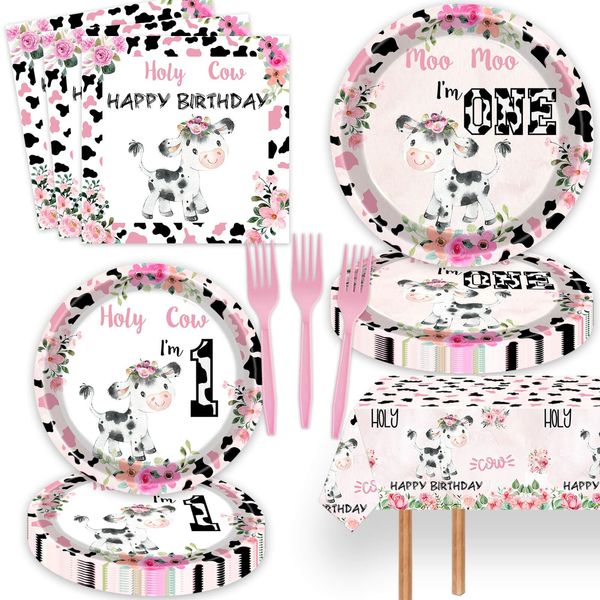 51pcs Holy Cow I'm One Girls Birthday Party Supplies Moo Moo I'm One Tablecloth Paper Plates Napkins Forks Dinnerware for Farm Animals Cow Theme Baby Shower 1st Birthday Party Supplies Decorations