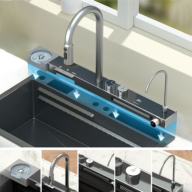 Kitchen Sink with Waterfall Faucet Stainless Steel Large Single