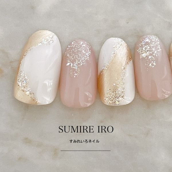 Nail tips False nails Bridal nails Short Long design Simple nails Nails Beige nails Small nails Large nails Berry short Chibi nails Adult nails False nails Custom nails<br> [2060] Ivory gold random French beige platinum glitter