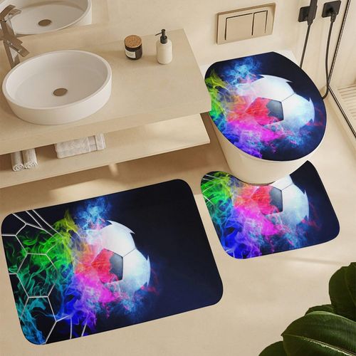 MEIKKO Colorful Soccer Ball Net 4Pcs Shower Curtain Sets with Non-Slip Rugs,Toilet Lid Cover and Bath Mat,Waterproof Shower Curtains Bathroom Decor Set Home Decor