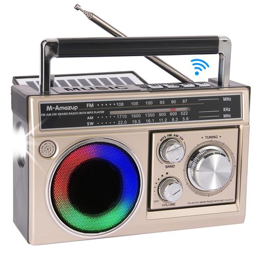 M-Amazup Radios Portable AM FM, Retro Portable Radio with Bluetooth Speaker and Flashlight, Strong Reception with Colorful Mood Lights, TF Card, Solar/Battery/AC Rechargeable for Gift,Elder,Home, Gold