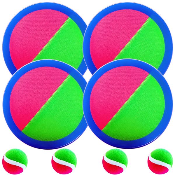 AppleRound Toss and Catch Velcro Ball Set (Hook and Loop), Kids Outdoor Games, Beach Toys, Backyard Sports, Paddle Ball Games (Pack of 4 Paddles and 4 Balls)