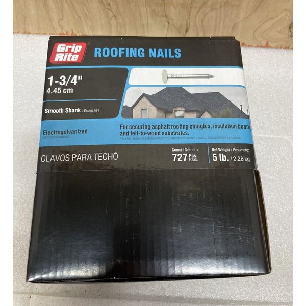 NEW 1 3/4” Roofing Nails Grip-Rite Electrogalvanized 5 lb. box Smooth Shank