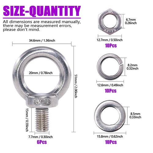Swpeet 36Pcs 304 Stainless Steel M8 Male Thread Lifting Ring Eye Bolt Kit, Including 6Pcs M5 Eye Bolt with 10Pcs Lock Nuts, 10Pcs Lock Washers and 10Pcs Flat Washers