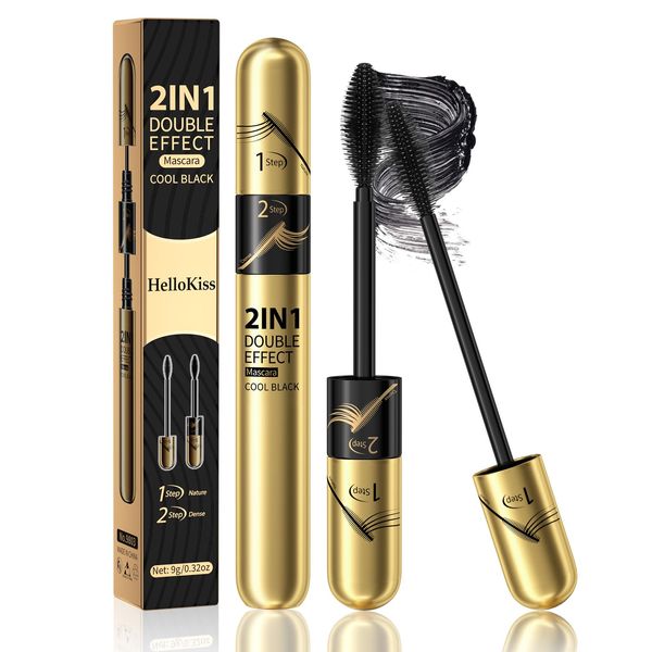 2-in-1 Length Volume Mascara Waterproof Long-lasting Black Mascara for Thick Curl Lash Smudge-proof No Clumping