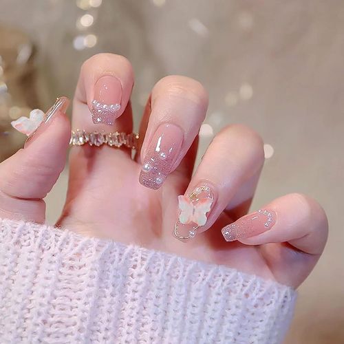 FINGOOO Nail Tips, Short, 24 Pieces Included, Double Sided Tape, Short Fuselled Nails, Round Tip, Gel Nails, Cute, False Nails, Coming of Age of Arts, Spring, Summer, Fall, Winter, Japanese Style