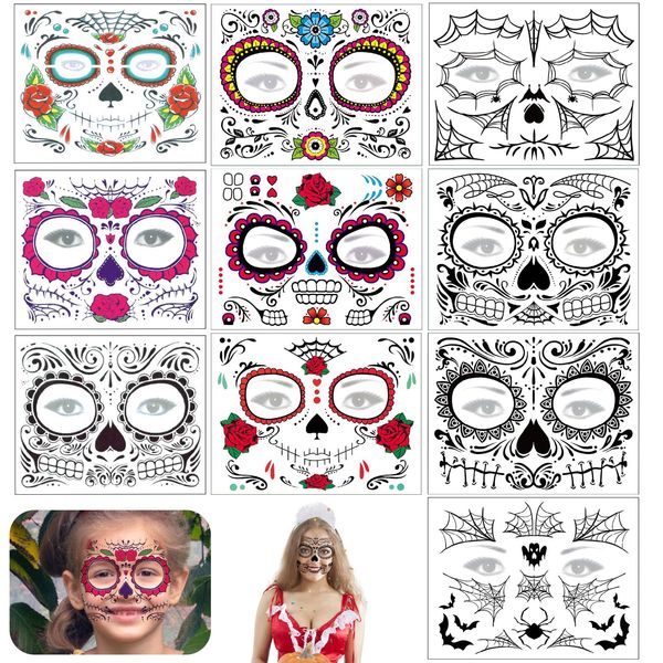 10 Stück Temporäre Gesichtstätowierung, Gesicht Tattoos Skull Design Sticker Tag, Bunt Wasserdichte Gesicht Tattoo, Face Tattoo Aufkleber für Kinder Erwachsene Cosplay Party